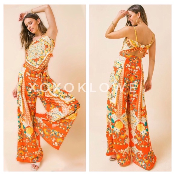 Orange Boho Print Two Piece Set Handkerchief Top Wide Leg Pants - Picture 5 of 12